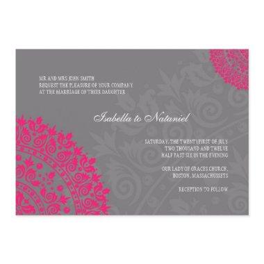 Charcoal Gray & Hot Pink Damask Wedding Invitations