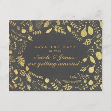 Charcoal Grey & Gold Floral Save The Date PostInvitations