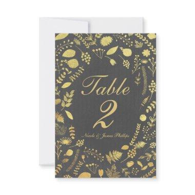 Charcoal Grey & Gold Floral Wedding Table Card