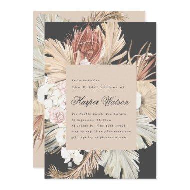 Charcoal Pampas Tropical Romantic Bridal Shower Invitations