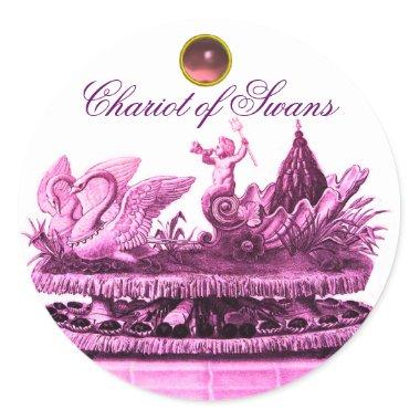 CHARIOT OF SWANS AND CUPCAKES PINK BEACH WEDDING CLASSIC ROUND STICKER