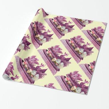 CHARIOT OF SWANS AND CUPCAKES PINK BEACH WEDDING WRAPPING PAPER