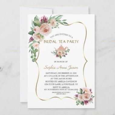 Charm Blush Champagne Floral Gold Bridal Tea Party Invitations