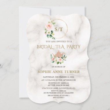 Charm Blush Floral Gold Frame Marble Bridal Shower Invitations