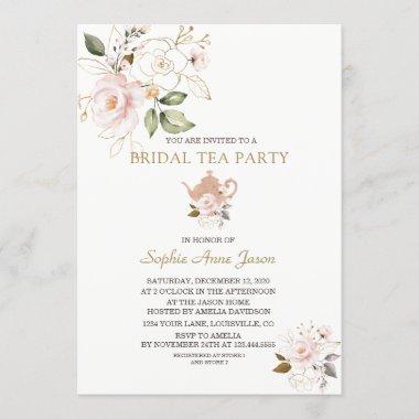 Charm Blush Gold Floral Bridal Shower Tea Party Invitations
