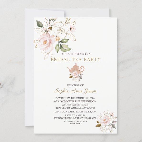 Charm Blush Gold Floral Bridal Shower Tea Party Invitations