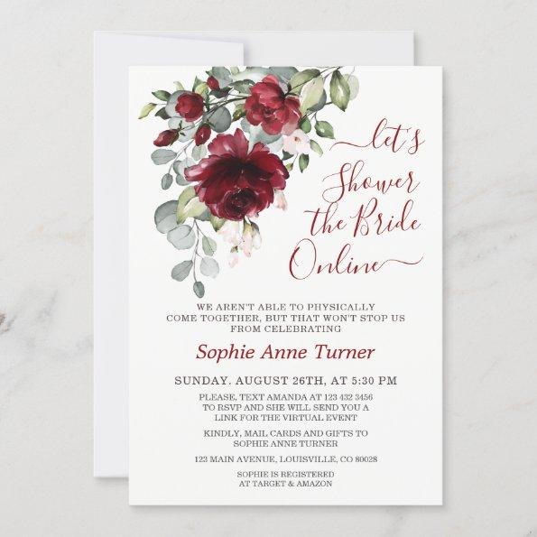 Charm Burgundy Blush Flowers Virtual Bridal Shower Invitations