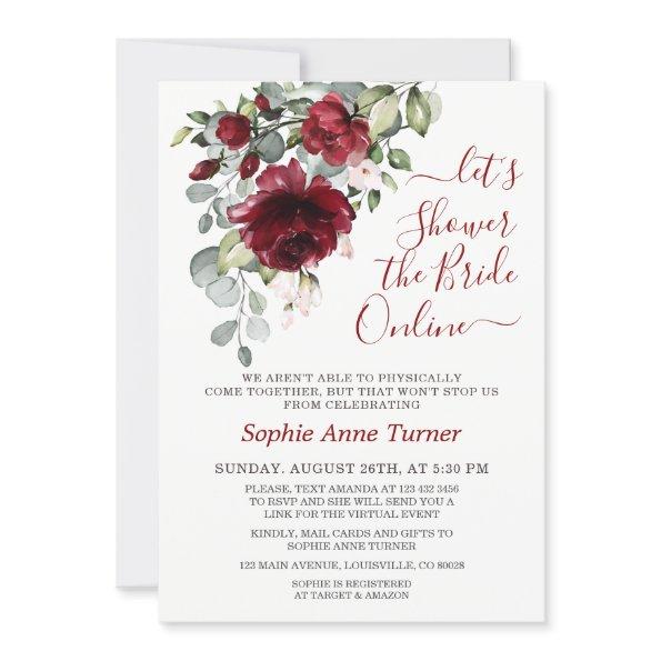 Charm Burgundy Blush Flowers Virtual Bridal Shower Invitations