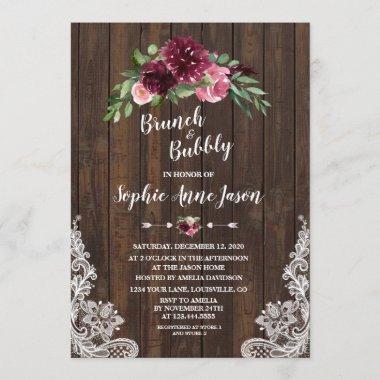 Charm Burgundy Floral Brunch Bubbly Bridal Shower Invitations