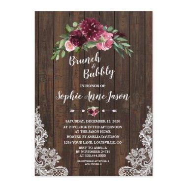 Charm Burgundy Floral Brunch Bubbly Bridal Shower Invitations