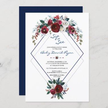 Charm Burgundy Floral Navy Sip & See Baby Shower Invitations