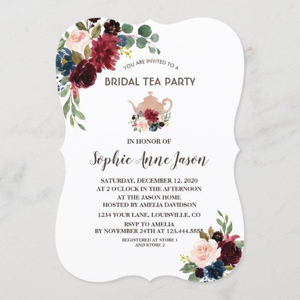 Charm Merlot Navy Floral Bridal Shower Tea Party Invitations