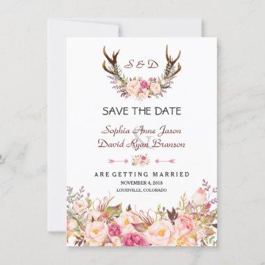 Charm Pink Blush Floral Antlers Wedding Save The Date
