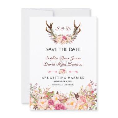 Charm Pink Blush Floral Antlers Wedding Save The Date