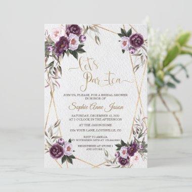 Charm Purple Pink Peony Floral Gold Bridal Shower Invitations