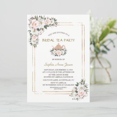 Charm White Blush Flowers Gold Bridal Tea Party I Invitations