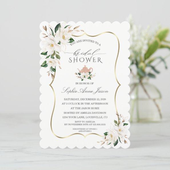 Charm White Magnolia Gold Floral Bridal Shower Invitations
