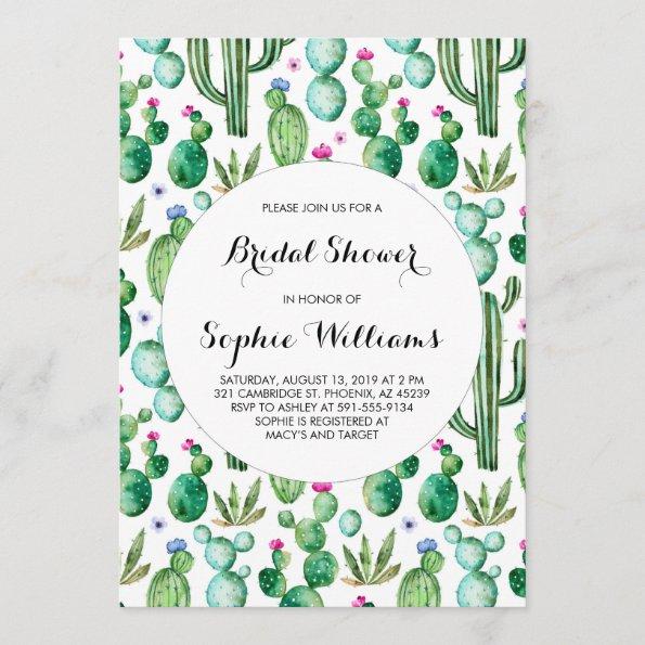 Charming Green Watercolor Cacti Bridal Shower Invitations