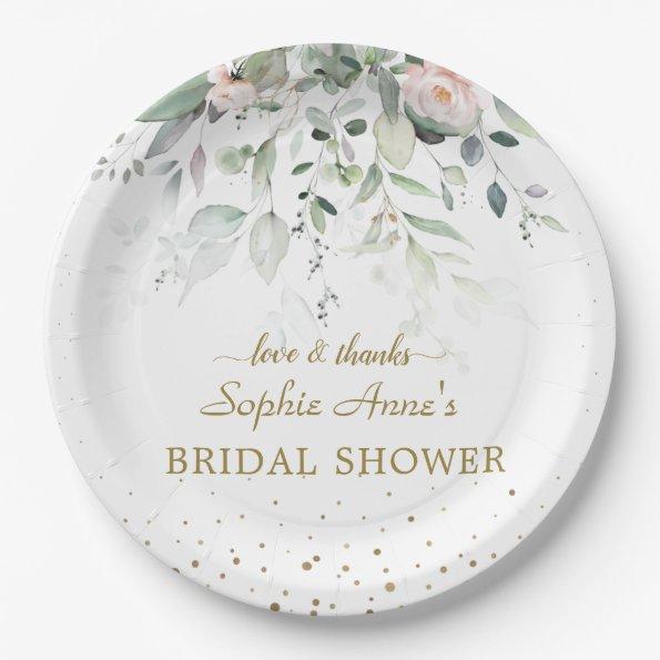 Charming Watercolor Pink Floral Gold Bridal Shower Paper Plates
