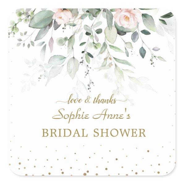 Charming Watercolor Pink Floral Gold  Square Sticker