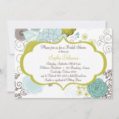 Chartreuse & Blue Floral Bridal Shower Invitations