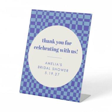 Checkerboard Blue Custom Bridal Shower Thank You Pedestal Sign