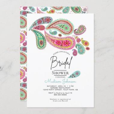 Cheerful Paisley Pink & Turquoise Folk art Floral Invitations