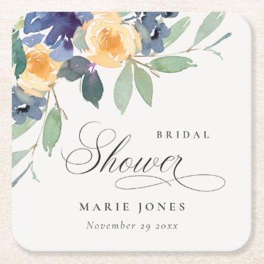 Cheerful Rustic Yellow Blue Floral Bridal Shower Square Paper Coaster