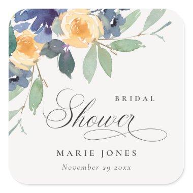 Cheerful Rustic Yellow Blue Floral Bridal Shower Square Sticker