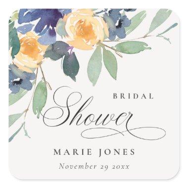 Cheerful Rustic Yellow Blue Floral Bridal Shower Square Sticker