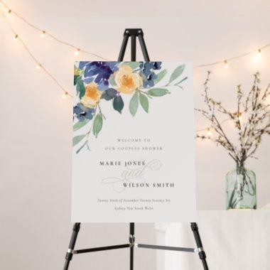 Cheerful Yellow Blue Floral Couples Shower Welcome Foam Board