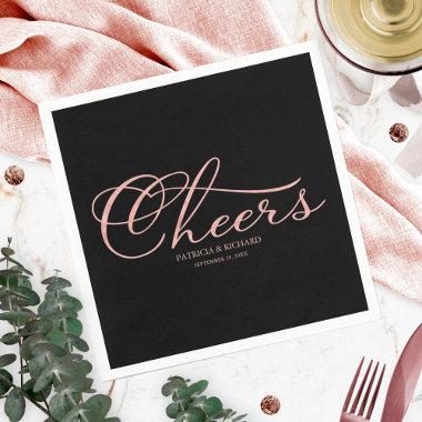 Cheers - Elegant Rose Gold Foil Black Wedding Napkins
