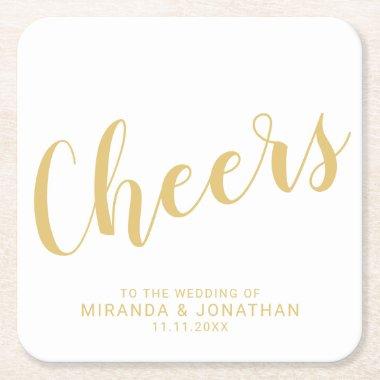 'Cheers' Modern Script Gold Wedding Square Paper Coaster