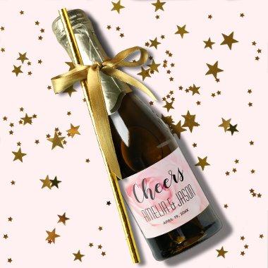 Cheers on Pale Pink Blooming Rose Wedding Mini Sparkling Wine Label