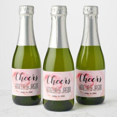 Cheers on Pale Pink Blooming Rose Wedding Mini Sparkling Wine Label