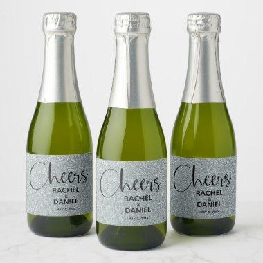 Cheers SILVER Faux Glitter Wedding Mini Sparkling Wine Label