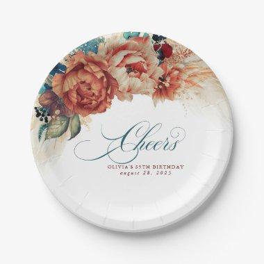 Cheers Teal Blue Terracotta Floral Pampas Grass Paper Plates