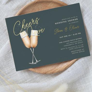 Cheers to Love Dark Green Bridal Shower Gold Foil Invitations