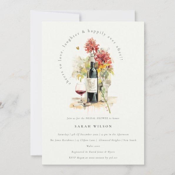Cheers to Love Wine Red Floral Bridal Shower Invitations