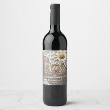 Cheers To Wedding Lace Sunflower Rustic Wood Light Wine Label