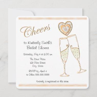 Cheers with Champagne Glasses and Hearts Invitations