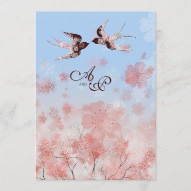 Cherry Blossom and Love Swallows Wedding Invitations