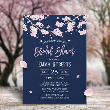Cherry Blossom Pink Floral Navy Bridal Shower Invitations