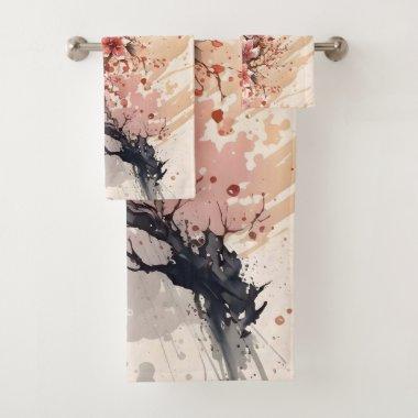 Cherry Blossom Watercolor Flowers Pink Red Floral Bath Towel Set