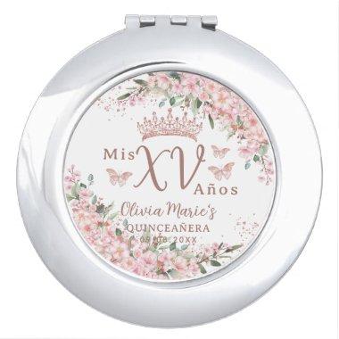 Cherry Blossoms Rose Gold Butterflies Quinceanera Compact Mirror