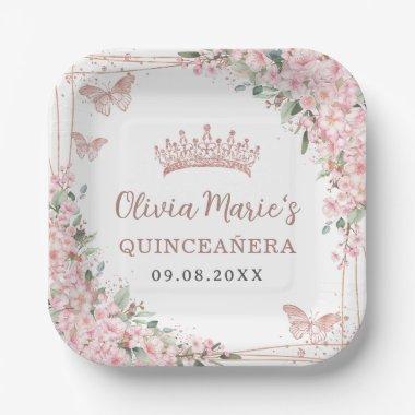 Cherry Blossoms Rose Gold Butterflies Quinceanera Paper Plates