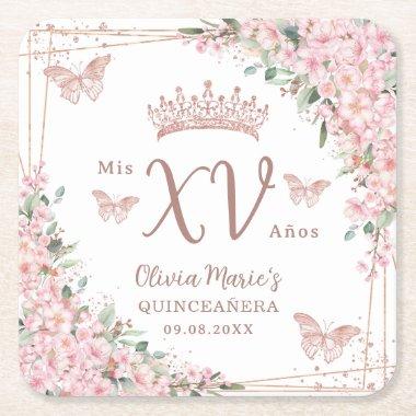 Cherry Blossoms Rose Gold Butterflies Quinceanera Square Paper Coaster