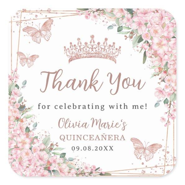 Cherry Blossoms Rose Gold Butterflies Quinceanera Square Sticker