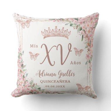 Cherry Blossoms Rose Gold Butterflies Quinceanera Throw Pillow