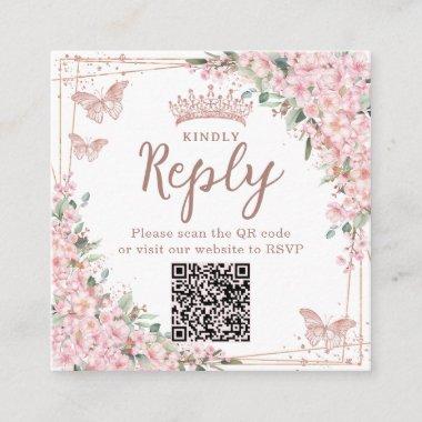Cherry Blossoms Rose Gold Quinceanera QR Code Enclosure Invitations